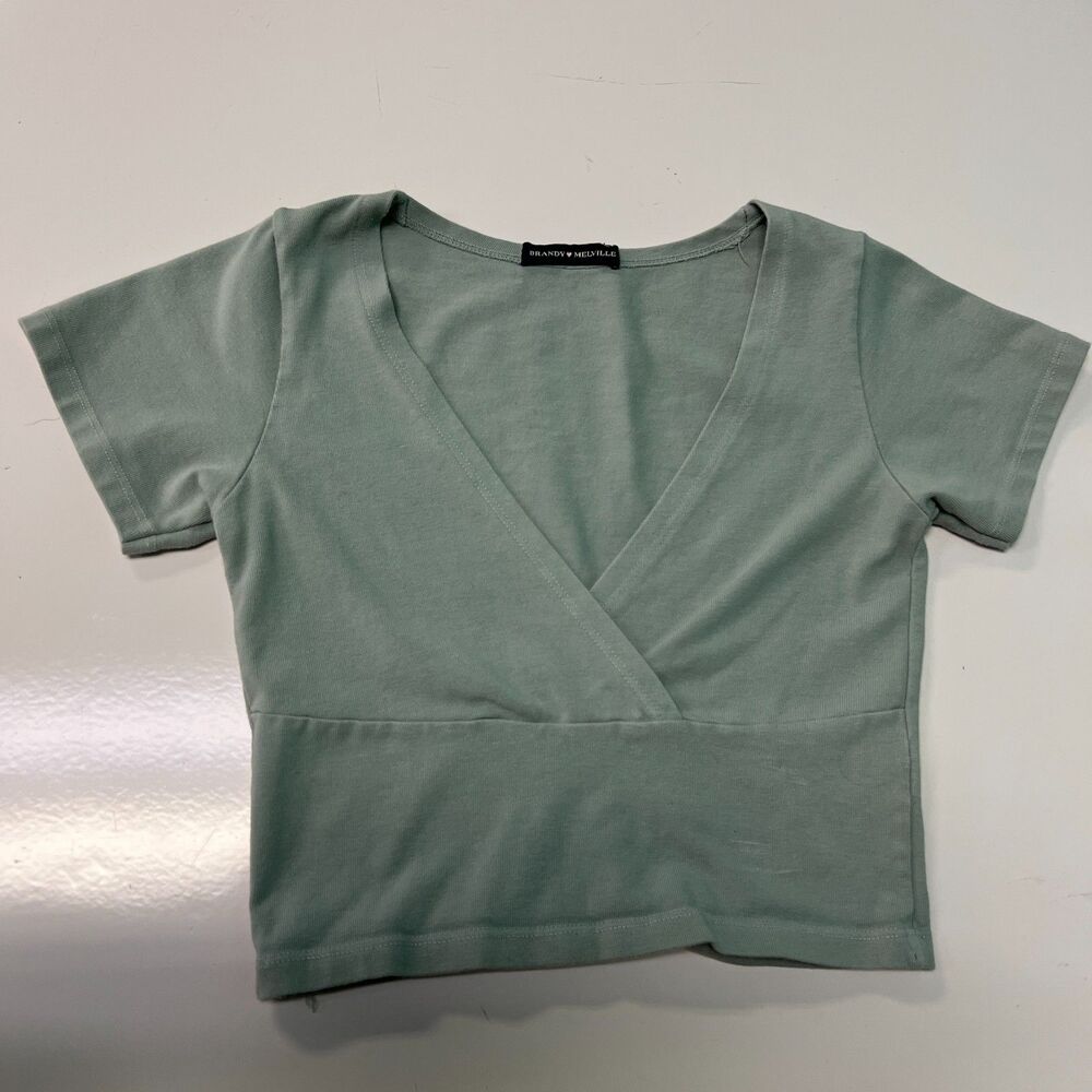 Brandy Melville Womens OS Cropped Wrap Top Sage Green V-Neck Short Sleeve